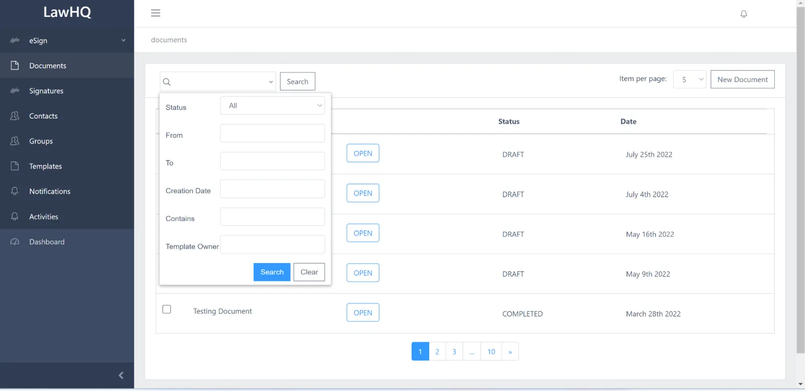 LawHQ eSignature platform, documents list